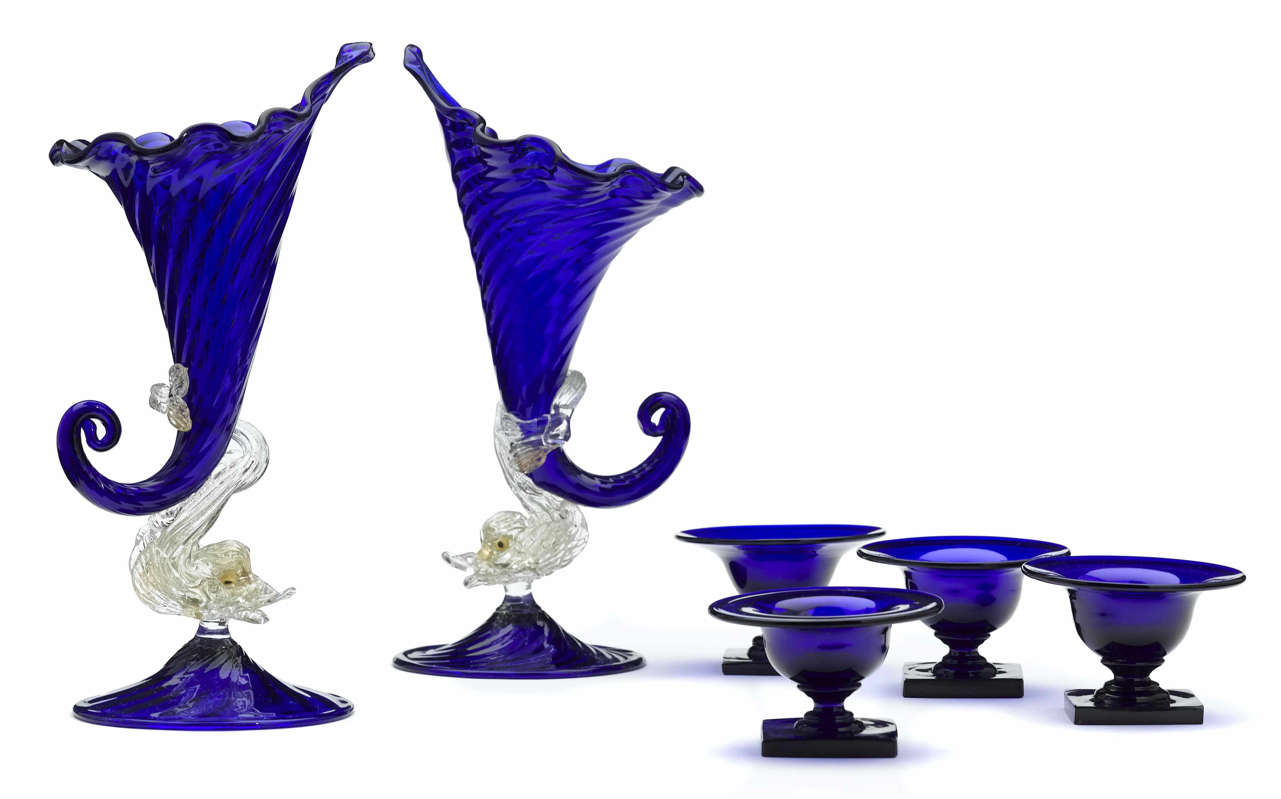 Appraisal: A pair of Italian glass vases and four blue glass