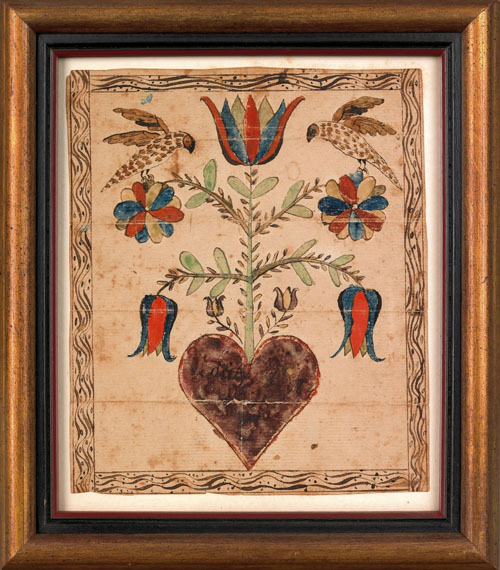 Appraisal: Southeastern Pennsylvania watercolor fraktur ca with two birds perched atop