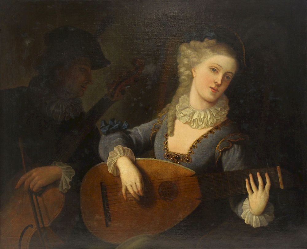 Appraisal: APPARENTLY UNSIGNED th th CENTURY Oil on Canvas Woman Playing