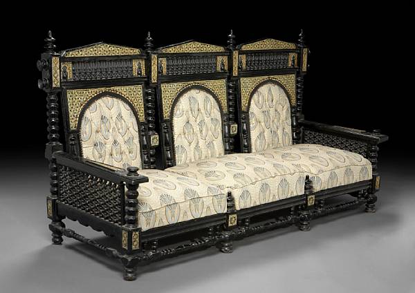 Appraisal: A suite of Levantine shell and parquetry inlaid ebonized seat