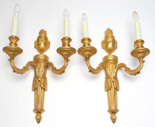 Appraisal: Pair of Neoclassical Gilt Bronze Sconces Flame-form finials Each H