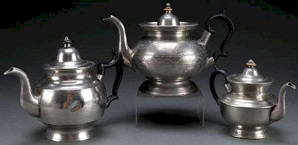 Appraisal: FINE EARLY AMERICAN PEWTER TEAPOTS C THREE FINE EARLY AMERICAN