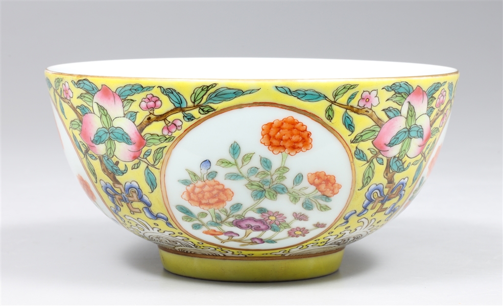 Appraisal: Chinese yellow ground enameled porcelain bowl with medallion panel featuring