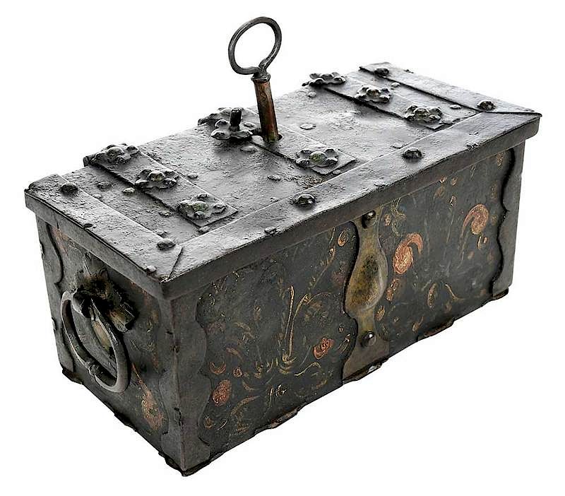 Appraisal: German Painted Iron Puzzle Lock Strong Box th century elements