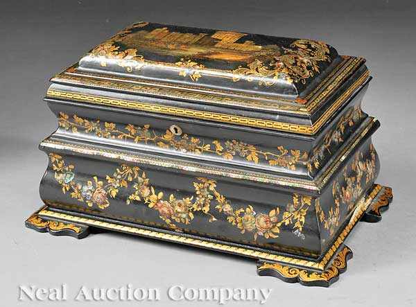 Appraisal: A Very Fine English Ebonized Polychrome and Mother-of-Pearl Inlaid Tea