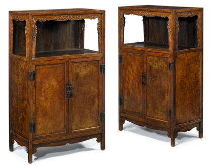 Appraisal: Pair of Chinese huanghuali and burlwood insert low cabinets th