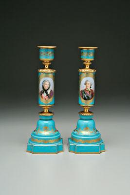 Appraisal: Pair S egrave vres style candlesticks cylindrical columns with hand