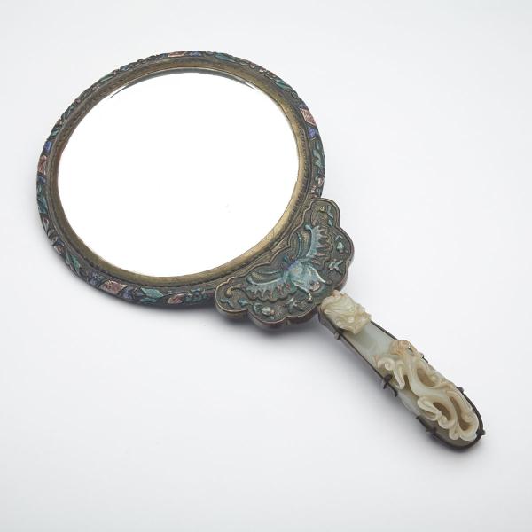 Appraisal: Export Jade Handled Enamel Mirror th Century The circular mirror