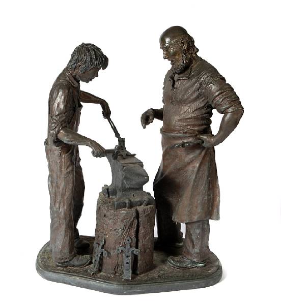 Appraisal: A patinated bronze figural group of ironmongers Not Hot Enough