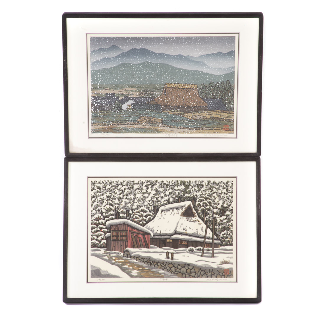 Appraisal: Katsuyuki Nishijima Two winter scene woodblocks Japanese b Snow-covered House