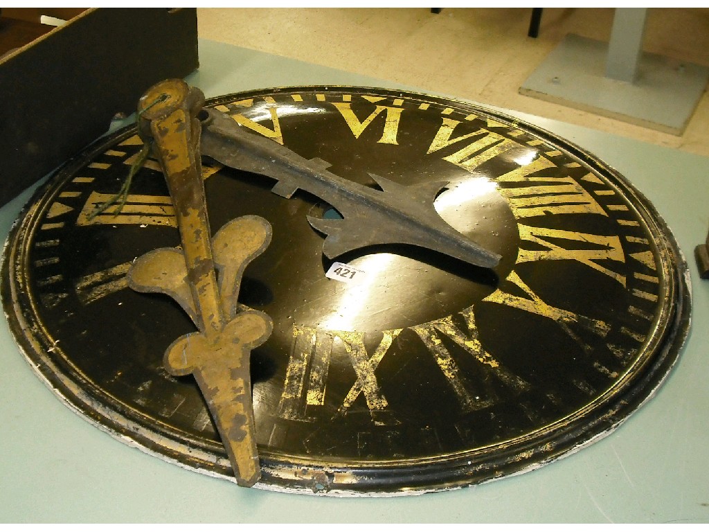 Appraisal: black turret clock dial gilded with Roman numerals with three