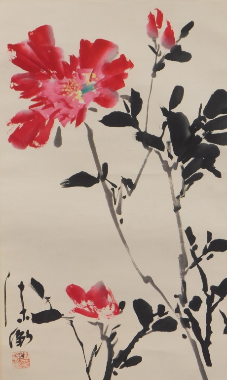 Appraisal: JAPANESE RED FLOWERS HANGING WALL SCROLL PAINTING Japan Vividly colored