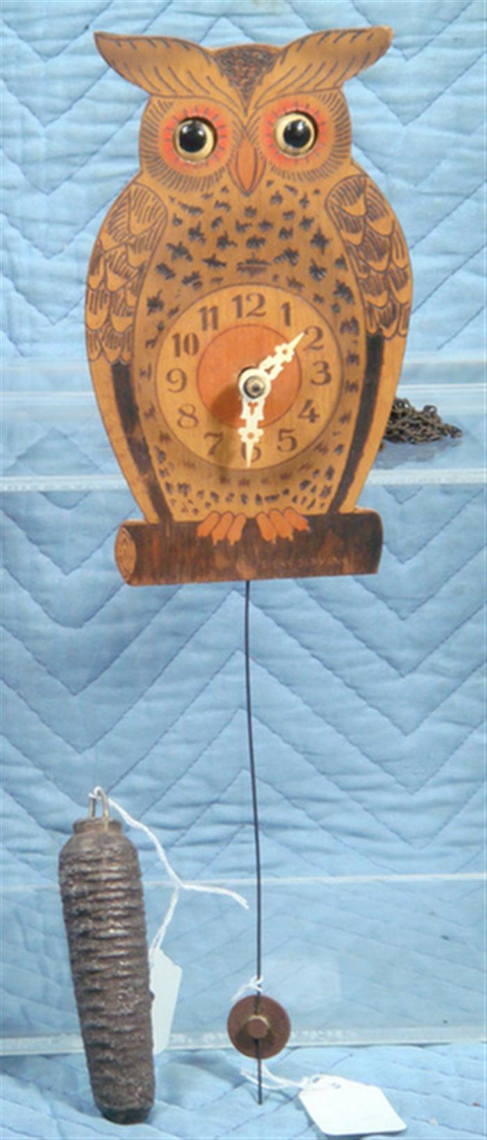 Appraisal: Weight driven owl novelty clock wood West Germany h Estimate