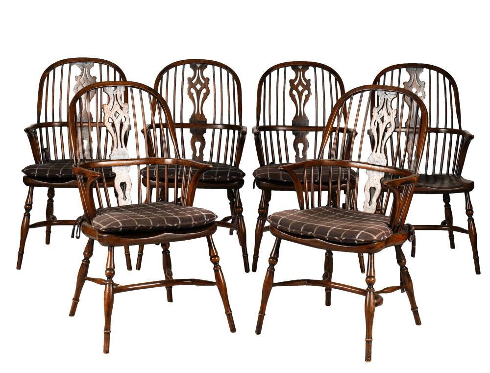 Appraisal: SIX WINDSOR-STYLE OAK DINING ARMCHAIRS th century unsigned inches wide