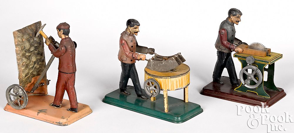 Appraisal: Three lithograph tin workmen steam toy accessories Three lithograph tin