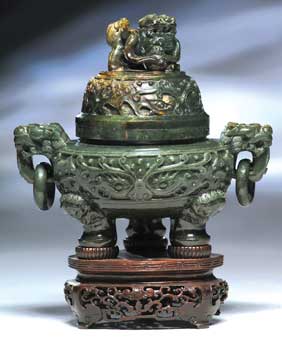 Appraisal: LARGE SPINACH JADE CENSER Large and very elaborately carved Chinese