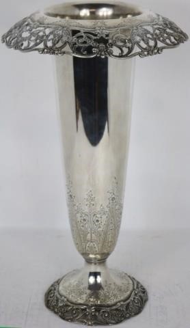 Appraisal: TALL ORNATE GORHAM STERLING VASE WITH OPEN WORKBASKET DESIGN ON