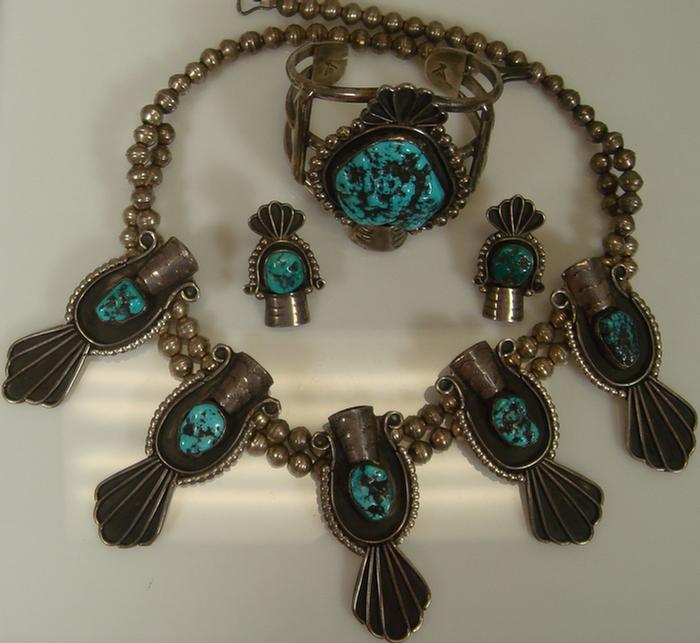 Appraisal: Silver Turquoise Set Unmarked matching squash blossom type necklace cuff