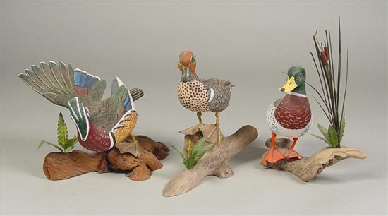 Appraisal: Three Hand Painted Bird Wood Carvings by Bob Wrenn Green-winged