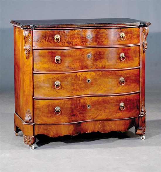 Appraisal: Rococo Revival carved serpentine mahogany chest of drawers circa possibly