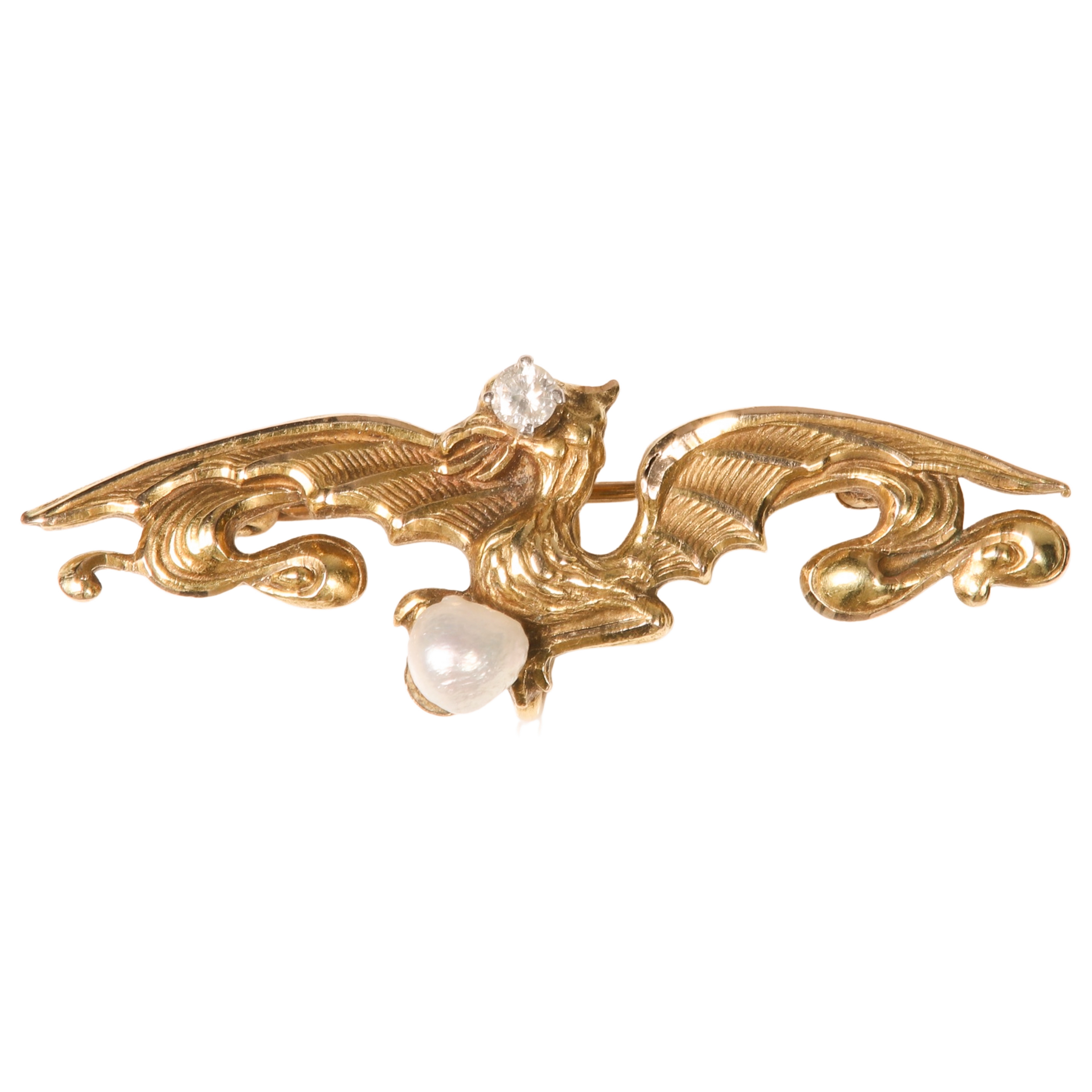 Appraisal: K pearl and diamond winged dragon pin - L spread