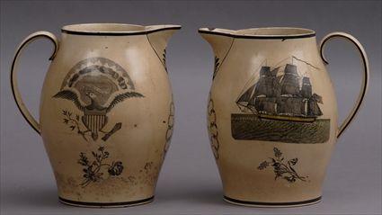 Appraisal: PAIR OF LIVERPOOL TRANSFER-PRINTED PITCHERS Each identically decorated with A