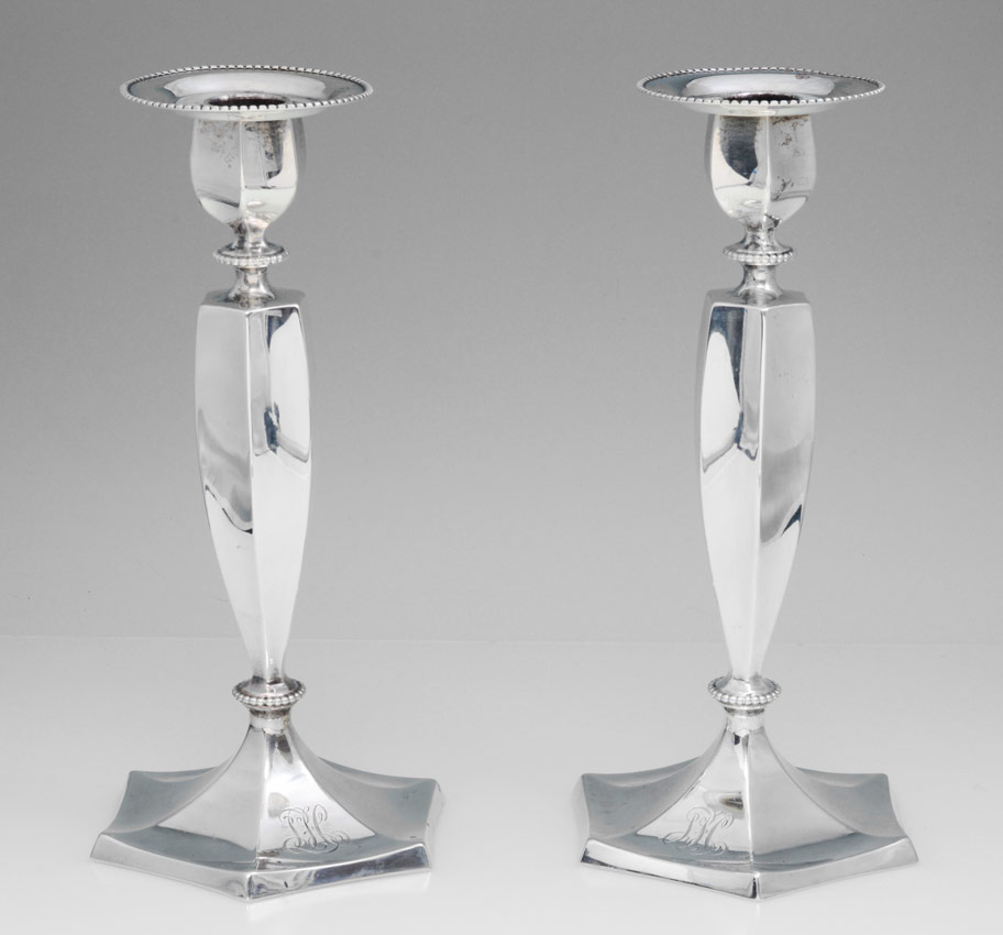 Appraisal: PAIR DOMINICK HAFF STERLING SILVER CANDLE STICKS Weighted single light