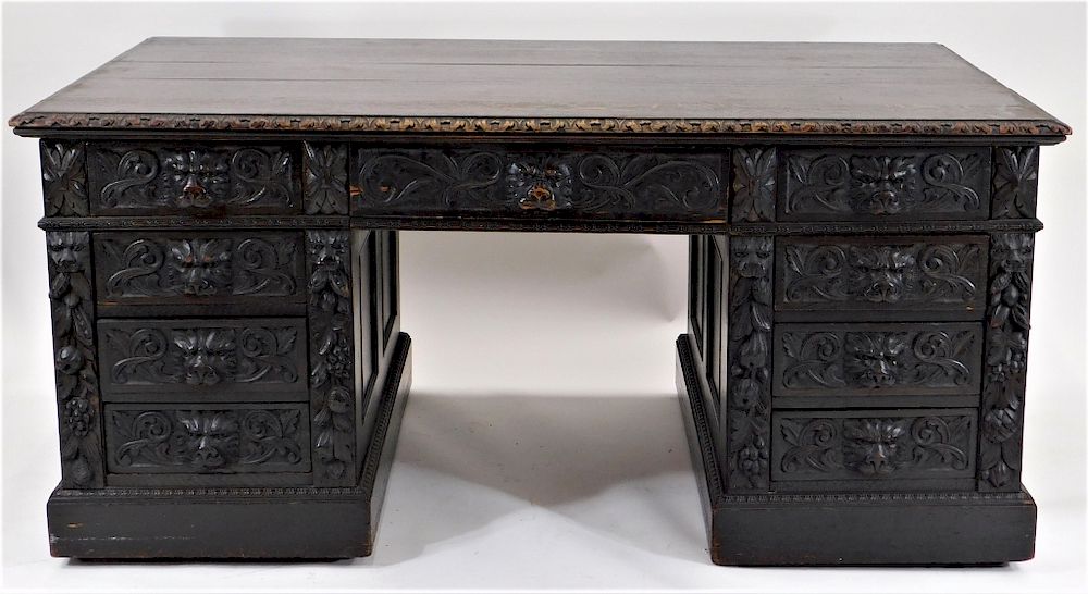 Appraisal: English Renaissance Revival Carved Oak Desk England th Century Rectangular