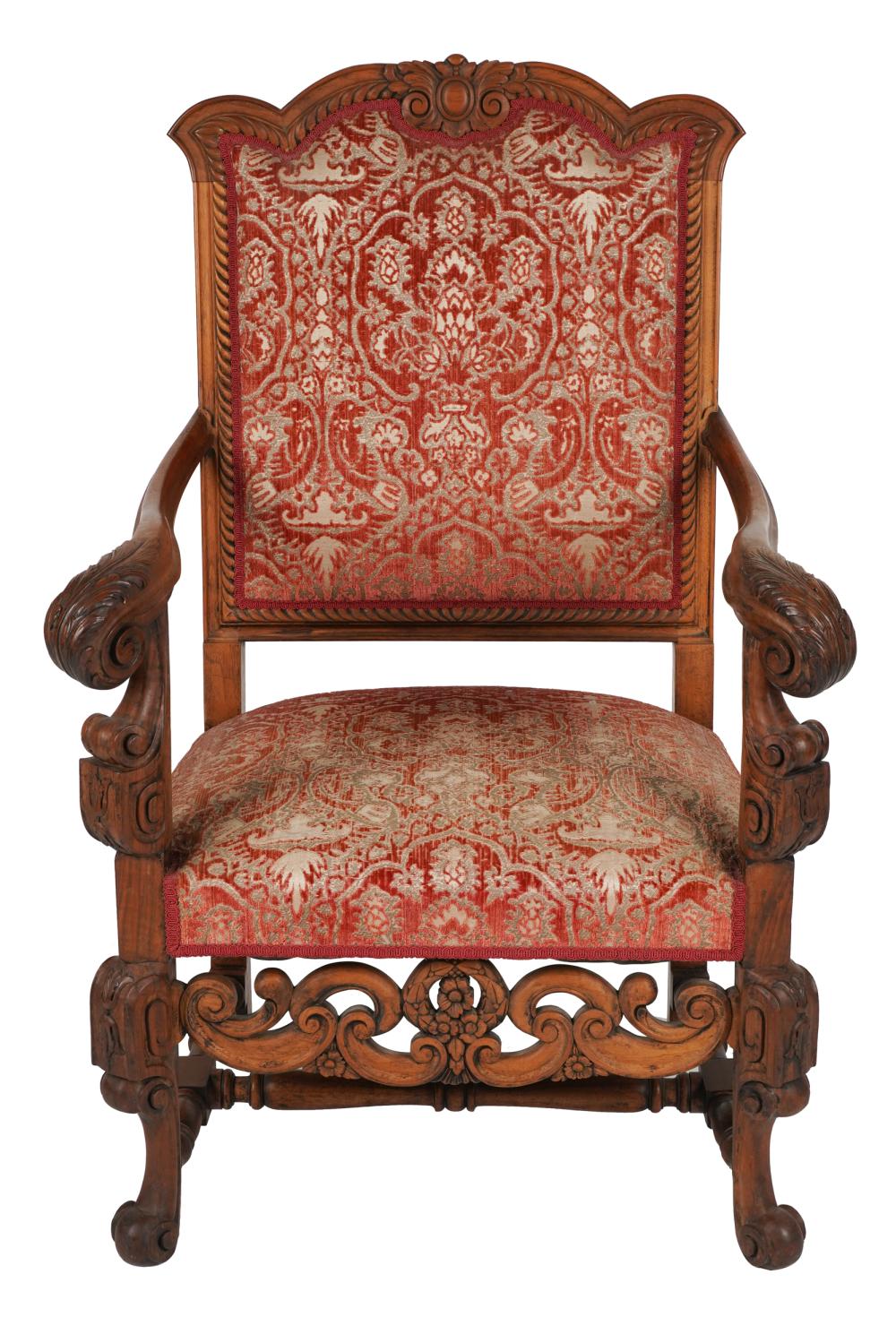 Appraisal: BAROQUE-STYLE CARVED MAHOGANY HALL CHAIRwith red cut damask upholstery Condition