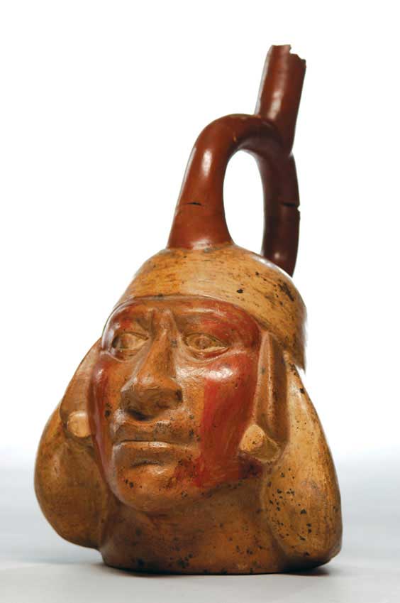 Appraisal: MOCHE PRE-COLUMBIAN VESSEL Peruvian Moche Pre-Columbian moulded pottery head vessel