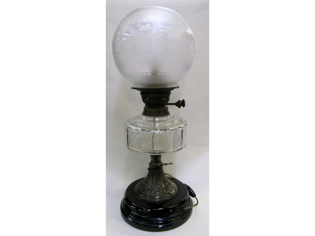 Appraisal: Victorian oil lamp with clear glass reservoir and etched shade