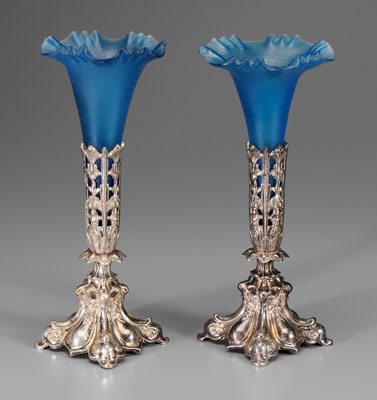 Appraisal: Pair satin glass vases ruffled rims spiraled bubble decoration ornate