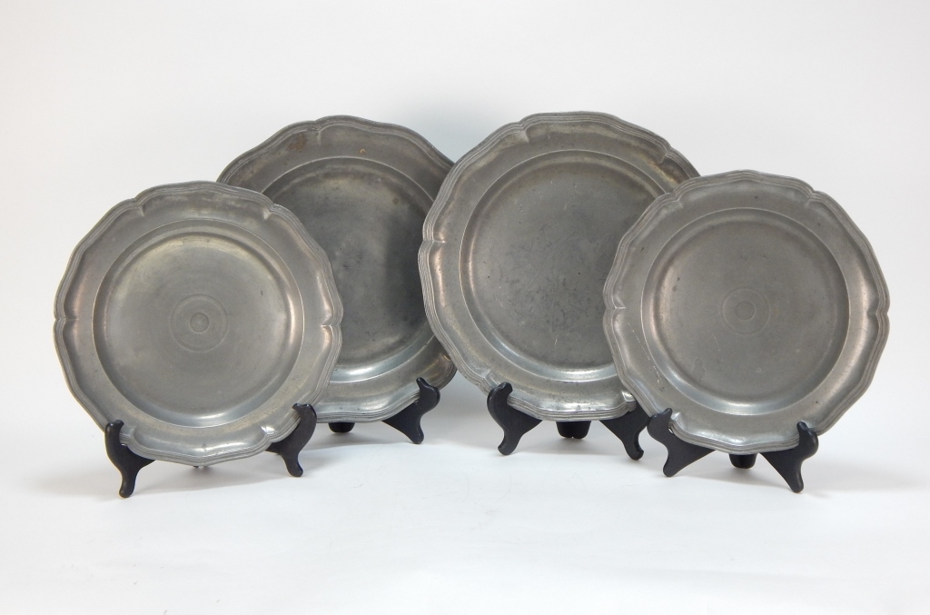 Appraisal: ENGLISH ANTIQUE PEWTER CHARGERS AND PLATES England th CenturyIncludes two