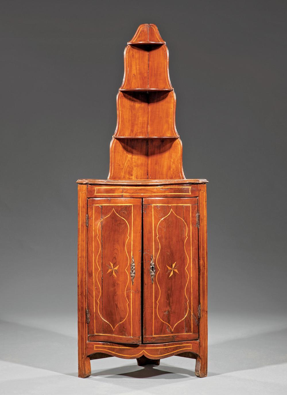 Appraisal: Diminutive Louis XV Inlaid Cherrywood Encoignure th c tiered superstructure