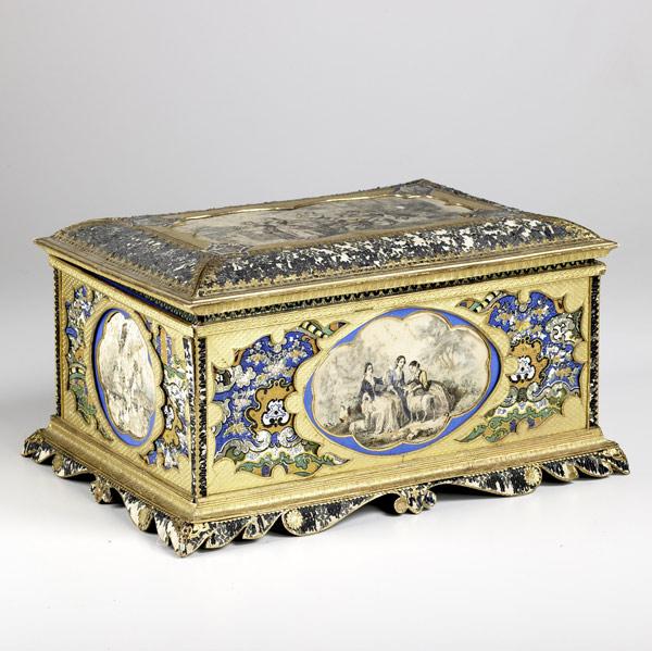 Appraisal: JEWELRY BOX With gilded decoration and decoupage interior th C