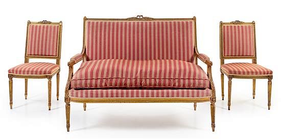 Appraisal: A Louis XVI Style Giltwood Salon Suite Height of settee