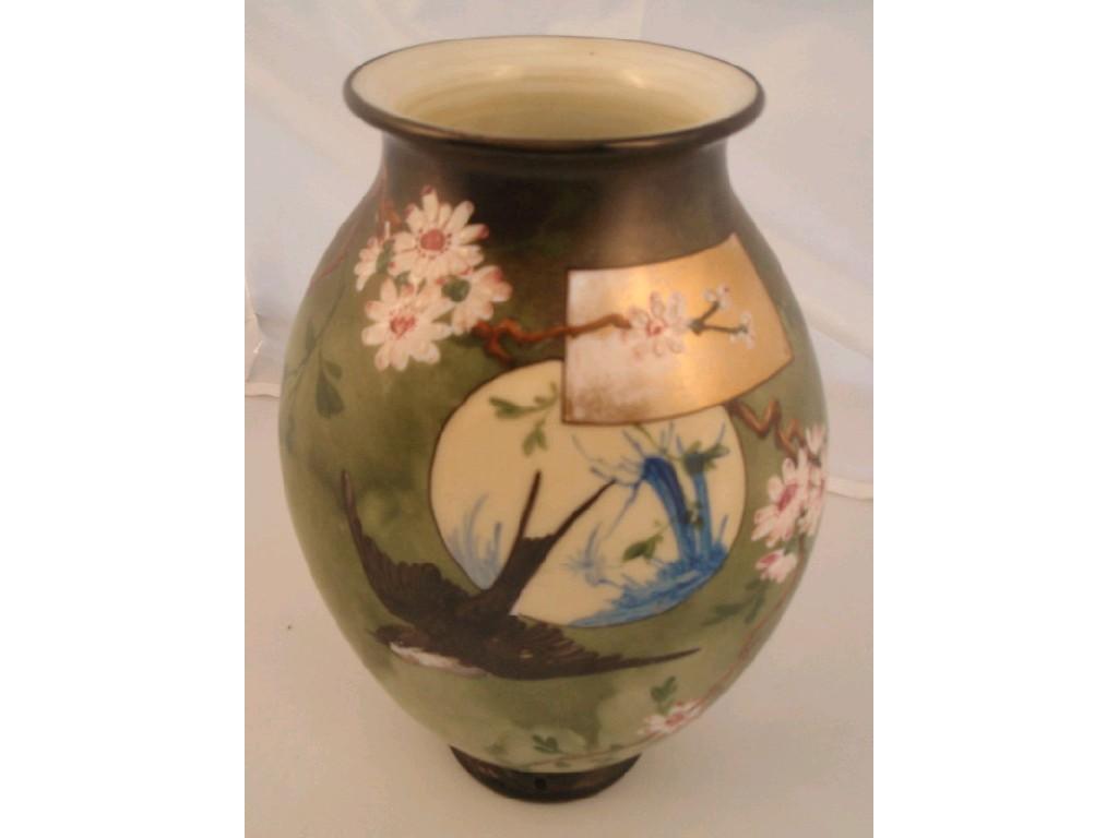 Appraisal: A late thC ovoid opaque glass vase hand painted with