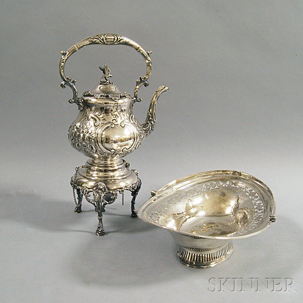 Appraisal: George III Sterling Silver Fruit Basket and a Silver-plated Kettle