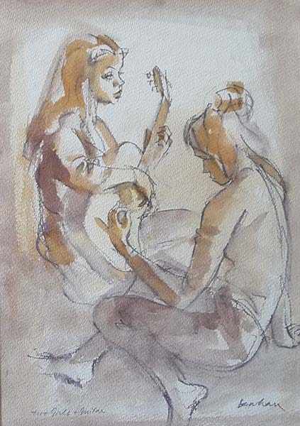 Appraisal: LOUIS KAHAN TWO GIRLS AND GUITAR WATERCOLOUR AND PENCIL