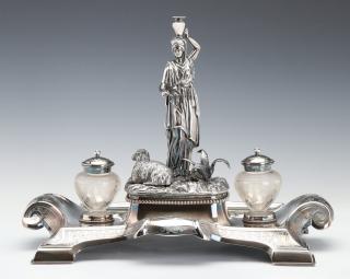 Appraisal: A FINE LARGE SILVER PLATED FIGURAL INK STAND C The