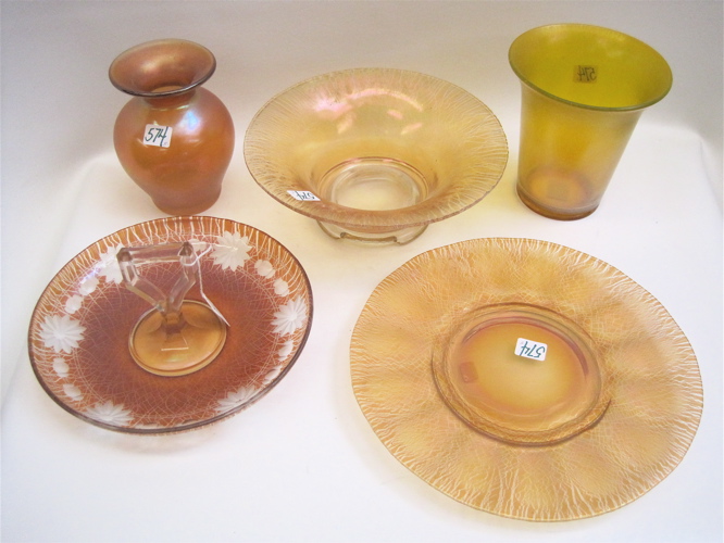 Appraisal: FIVE PIECES AMBER AMBER-ROSE STRETCH GLASS bowl D vases H