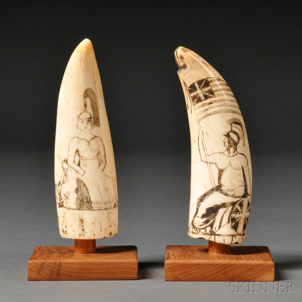 Appraisal: Pair of Scrimshaw-decorated Whale's Teeth th century engraved with allegorical