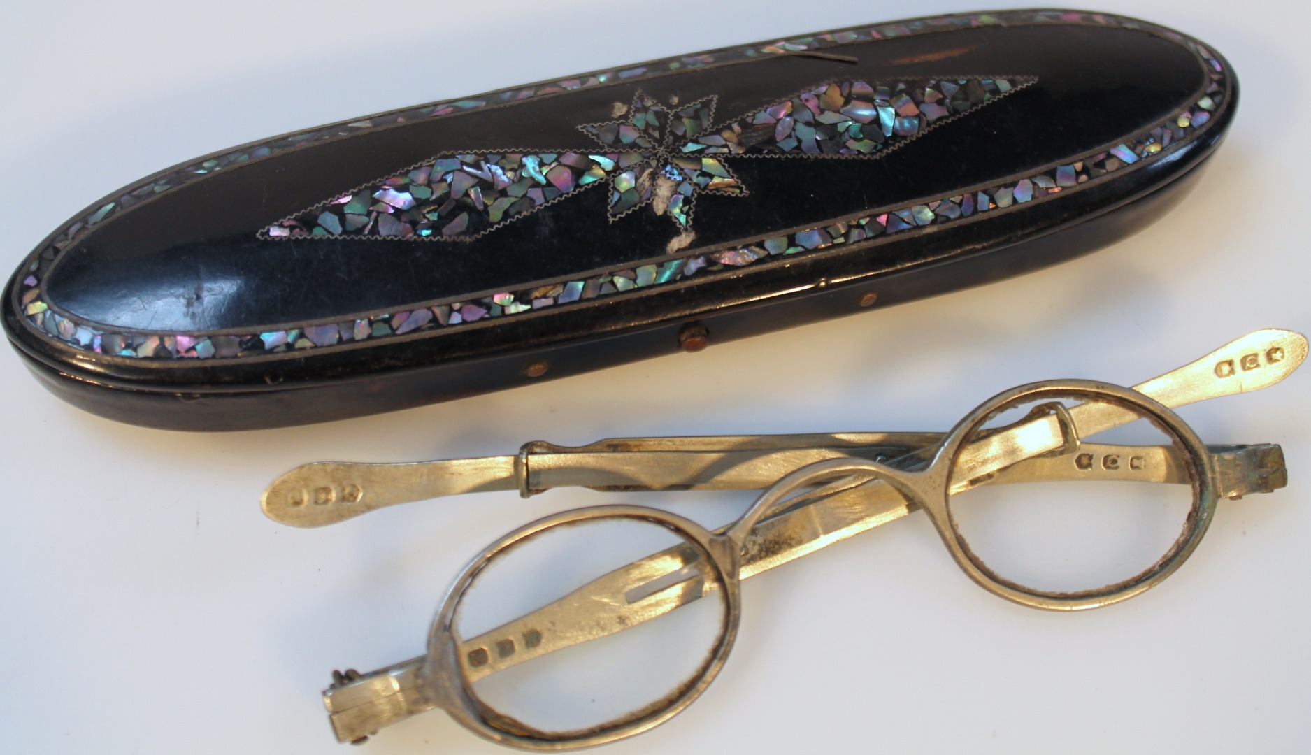 Appraisal: A thC papier mache mother of pearl spectacles case the