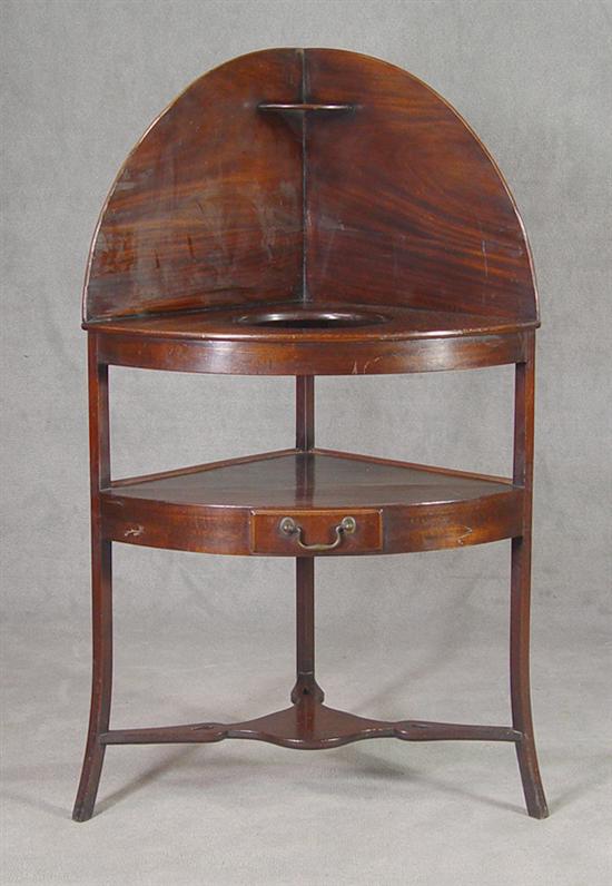 Appraisal: English Mahogany Corner Washstand th Century Medial stretcher shelf below