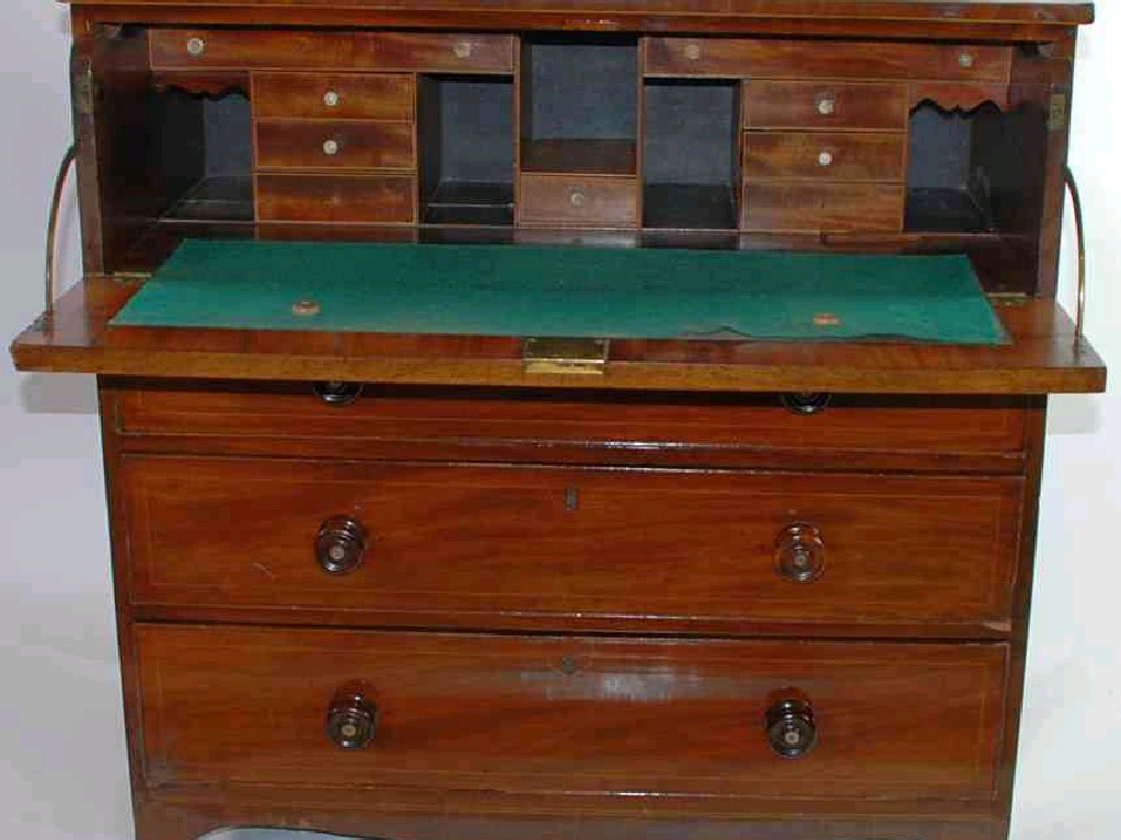 Appraisal: GEORGE III MAHOGANY SECRETAIRE CHEST with boxwood edging and string