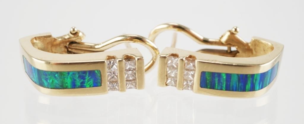 Appraisal: K Yellow Gold tested opal and diamond earrings feature two