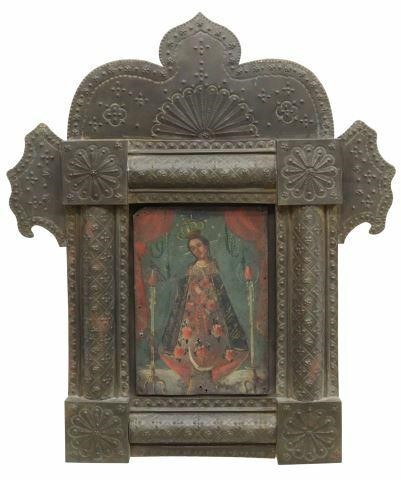 Appraisal: Framed oil on tin retablo Mexico La Soledad Our Lady