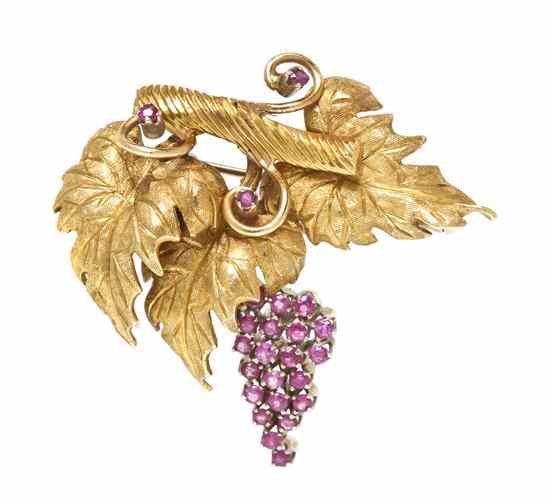 Appraisal: An Karat Yellow Gold and Ruby Grape Cluster Brooch containing