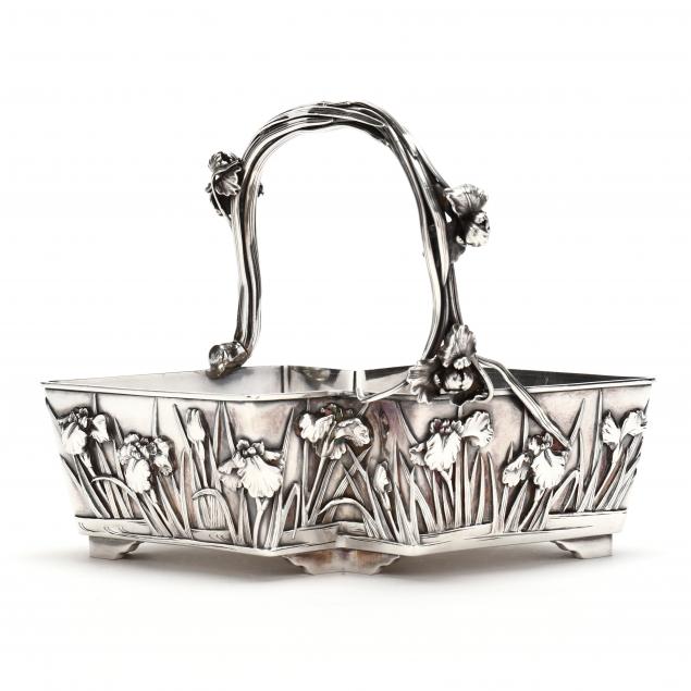 Appraisal: A JAPANESE SILVER IRIS PATTERN BASKET Meiji period - lozenge