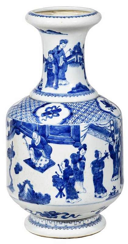 Appraisal: Chinese Blue and White Baluster Vase porcelain vase with scenes